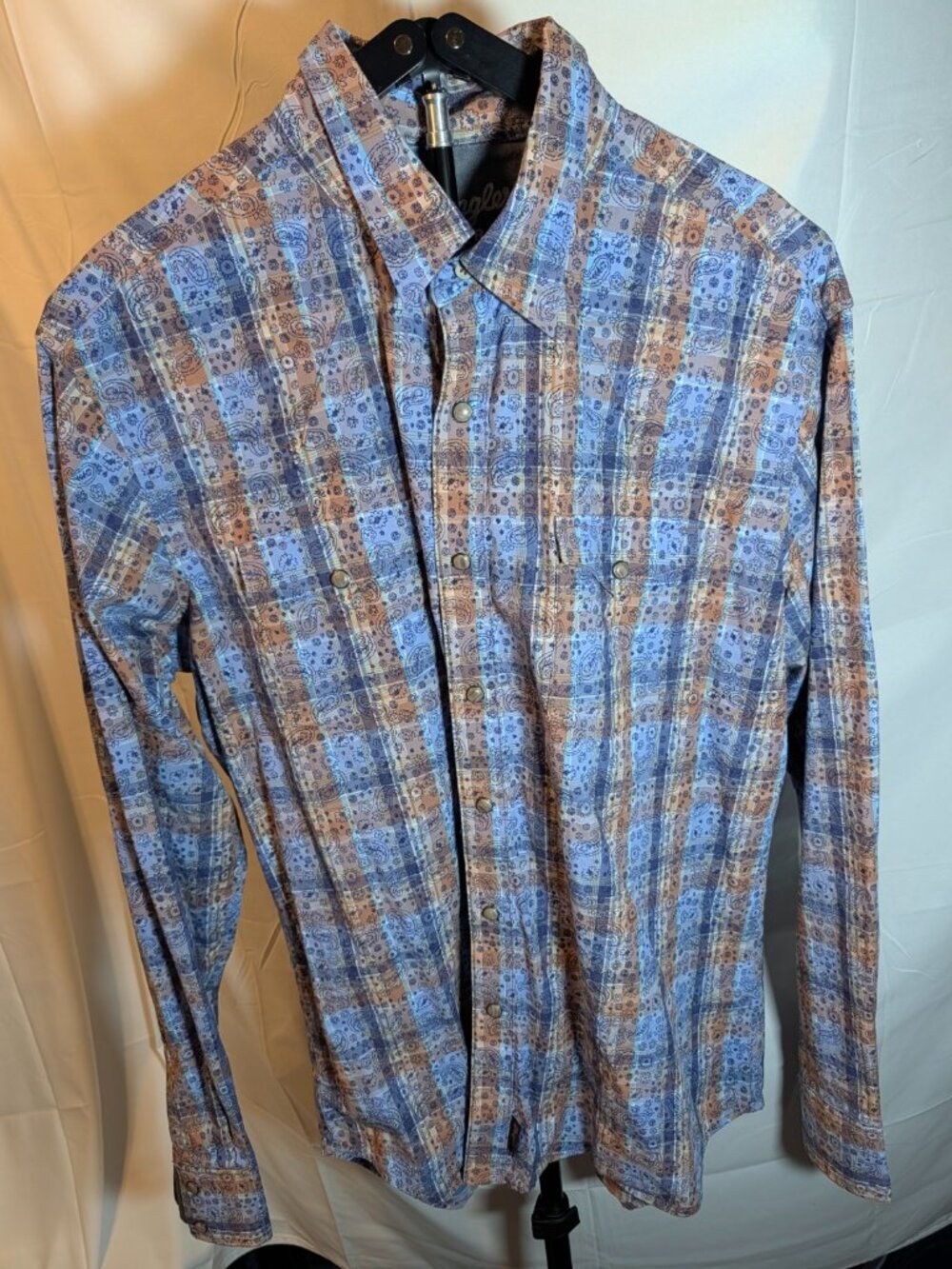 Wrangler Men's Retro Premium Western Pearl Snap Long Sleeve Shirt Blue L